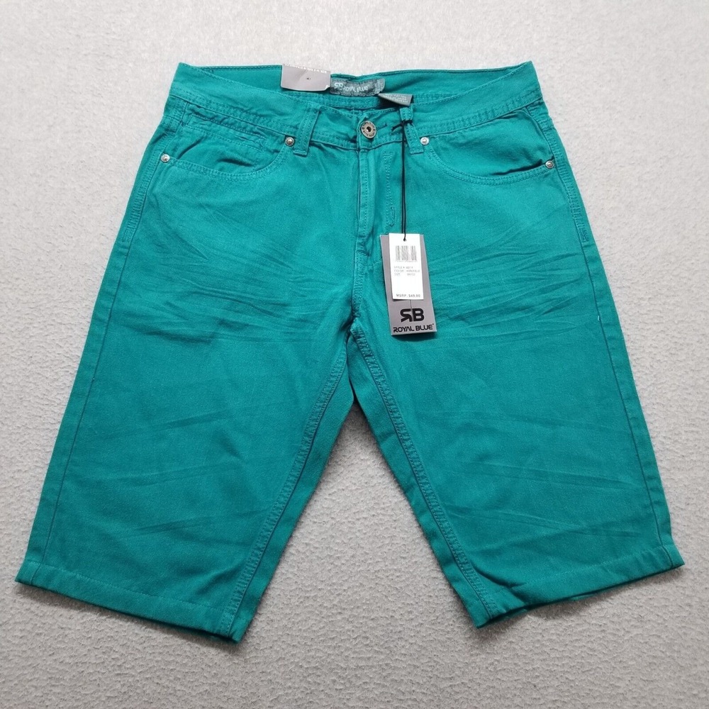 Royal Blue Shorts Mens 32 Green Pockets Slim Casual‎ Cotton